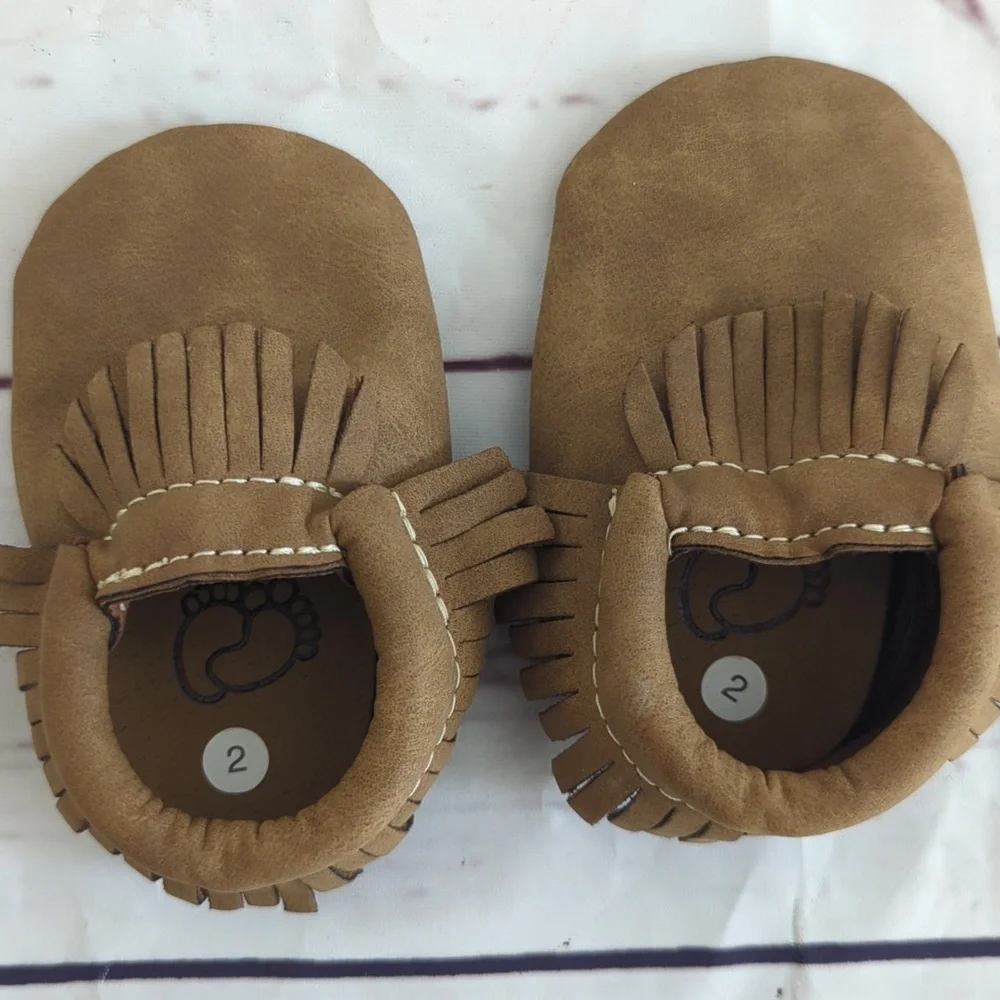 First Steps baby toddler shoes moccasins, two pairs gray & brown, size 2